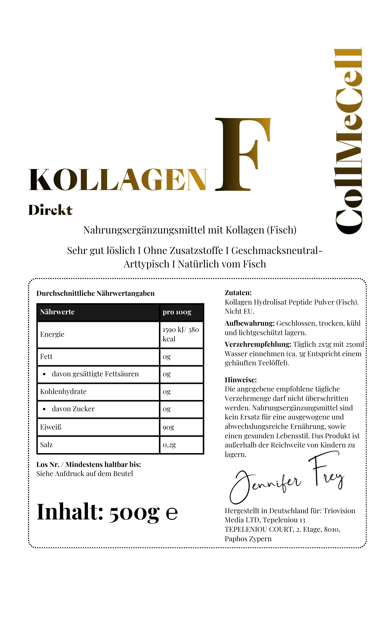 CollMeCell Kollagen F Direkt – 500g Premium Fisch-Kollagen-Hydrolysat – 90% Proteinanteil