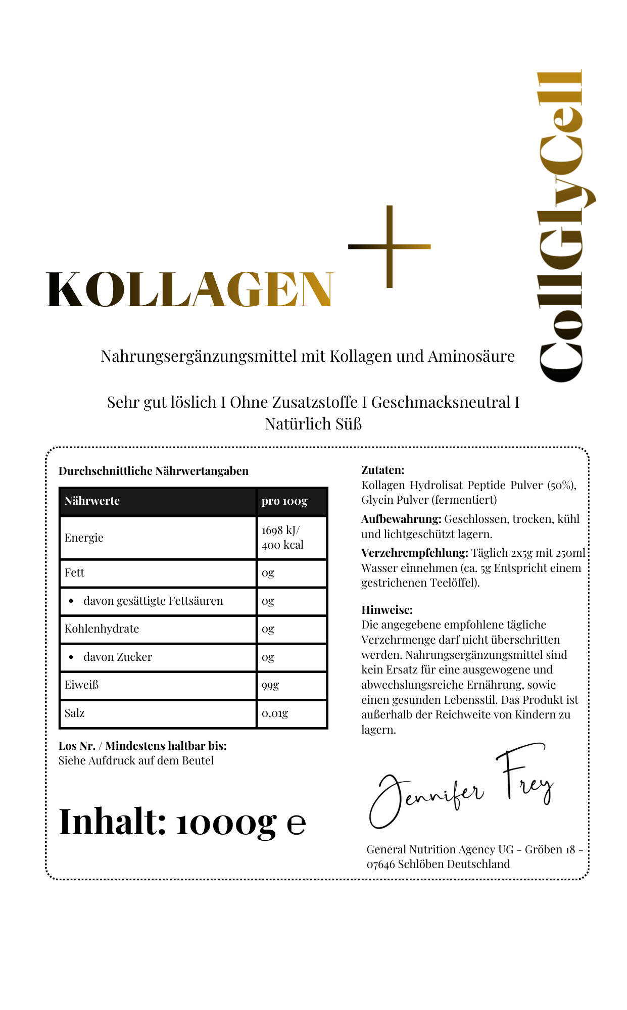 Original Kollagen+ Hydrolysat Peptide plus Extra Kollagenbaustein Glycin – Natürlich Süßes und Geschmacksneutrales Eiweißpulver – Made in Germany – gut löslich Kollagen + Kollagenbaustein Glycin