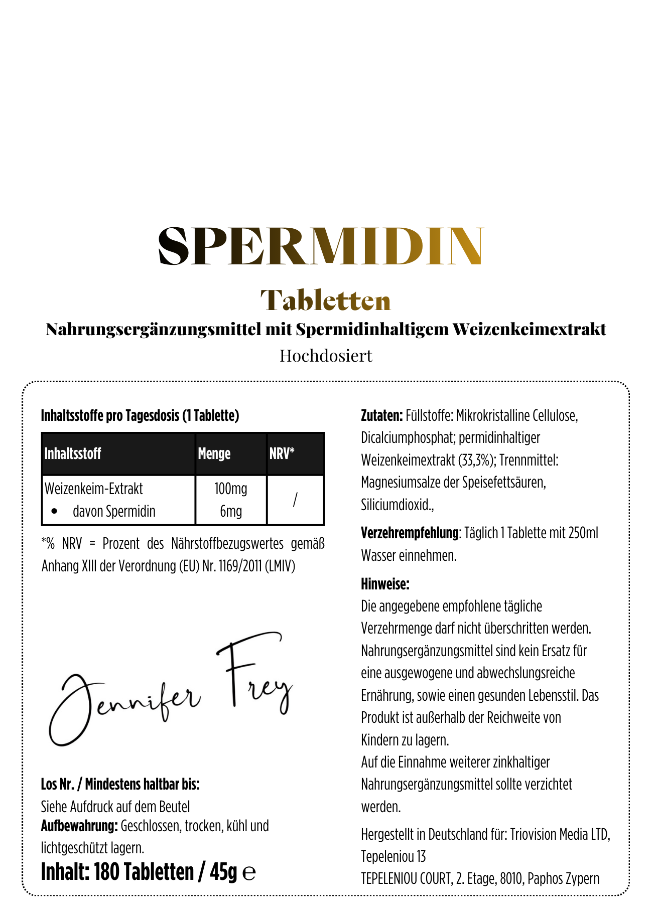 180 Spermidin Tabletten 6,0 mg Spermidin pro Tablette I für deine tägliche Ergänzung. 100% vegan - laborgeprüfte Qualität I Made in Germany