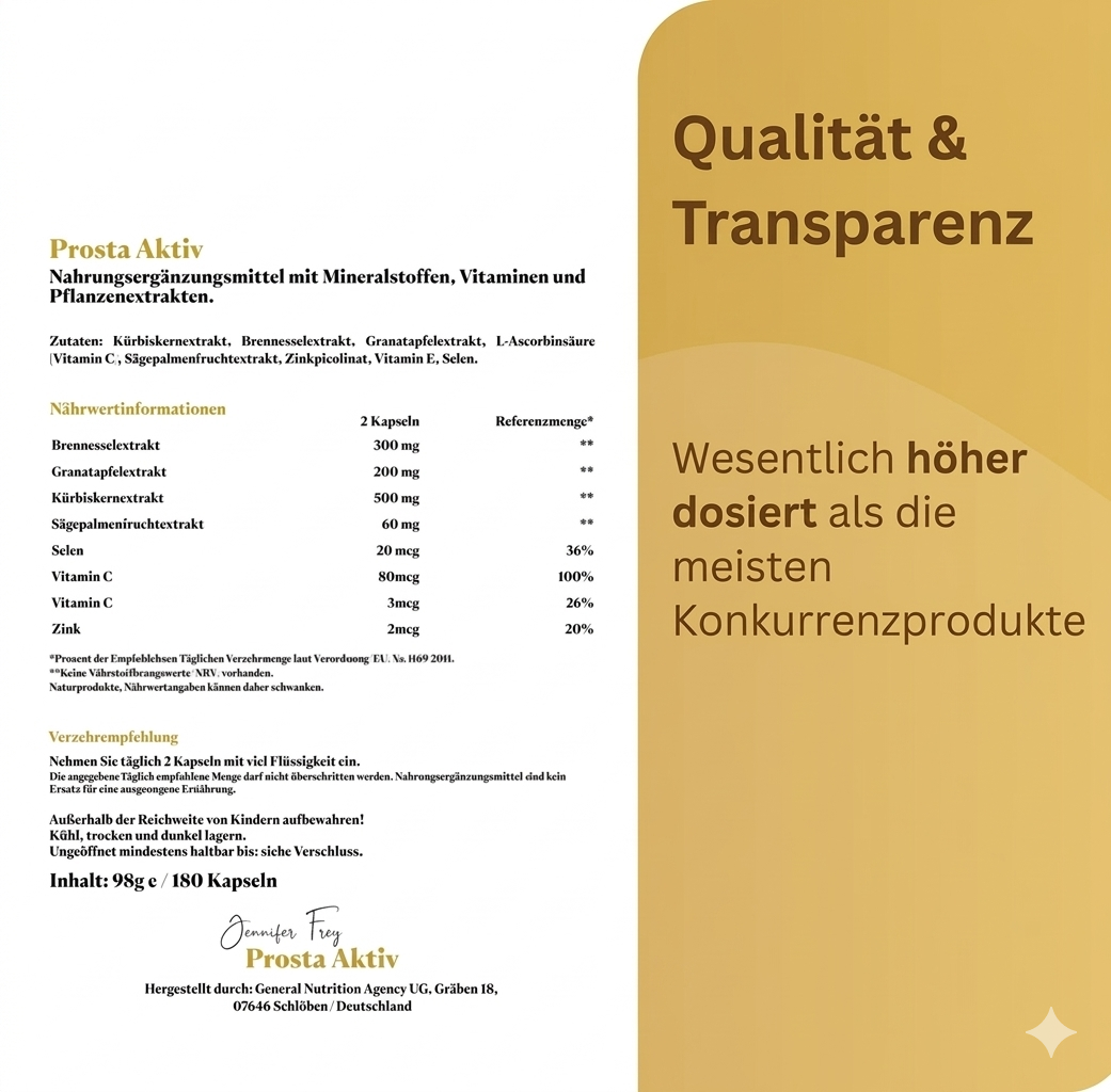 Prosta Komplex 120 Kapseln hochdosiert - Sägepalmenextrakt, Prostata Komplex mit Kürbiskern, Brennnessel, Vitamin E, Zink, Selen - vegan, prosta, Sägepalme