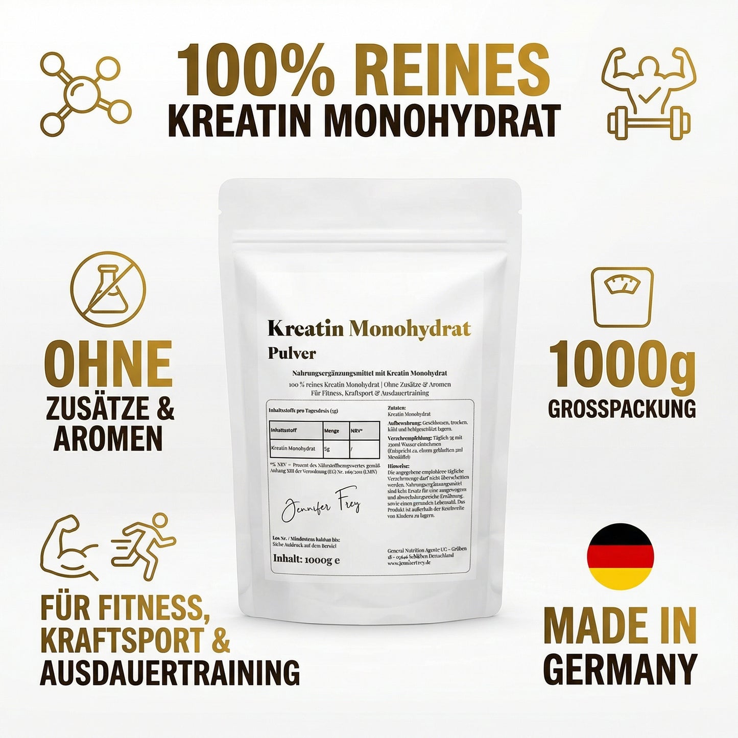 1000g Kreatin Monohydrat Pulver - 200 Portionen bei 5g - Mikronisiert (Mesh 200) - Kreatin erhöht die körperliche Leistung bei Schnellkrafttraining im Rahmen kurzzeitiger intensiver körperlicher Betätigung - Vegan, rein & ohne Zusätze - Made in Germany
