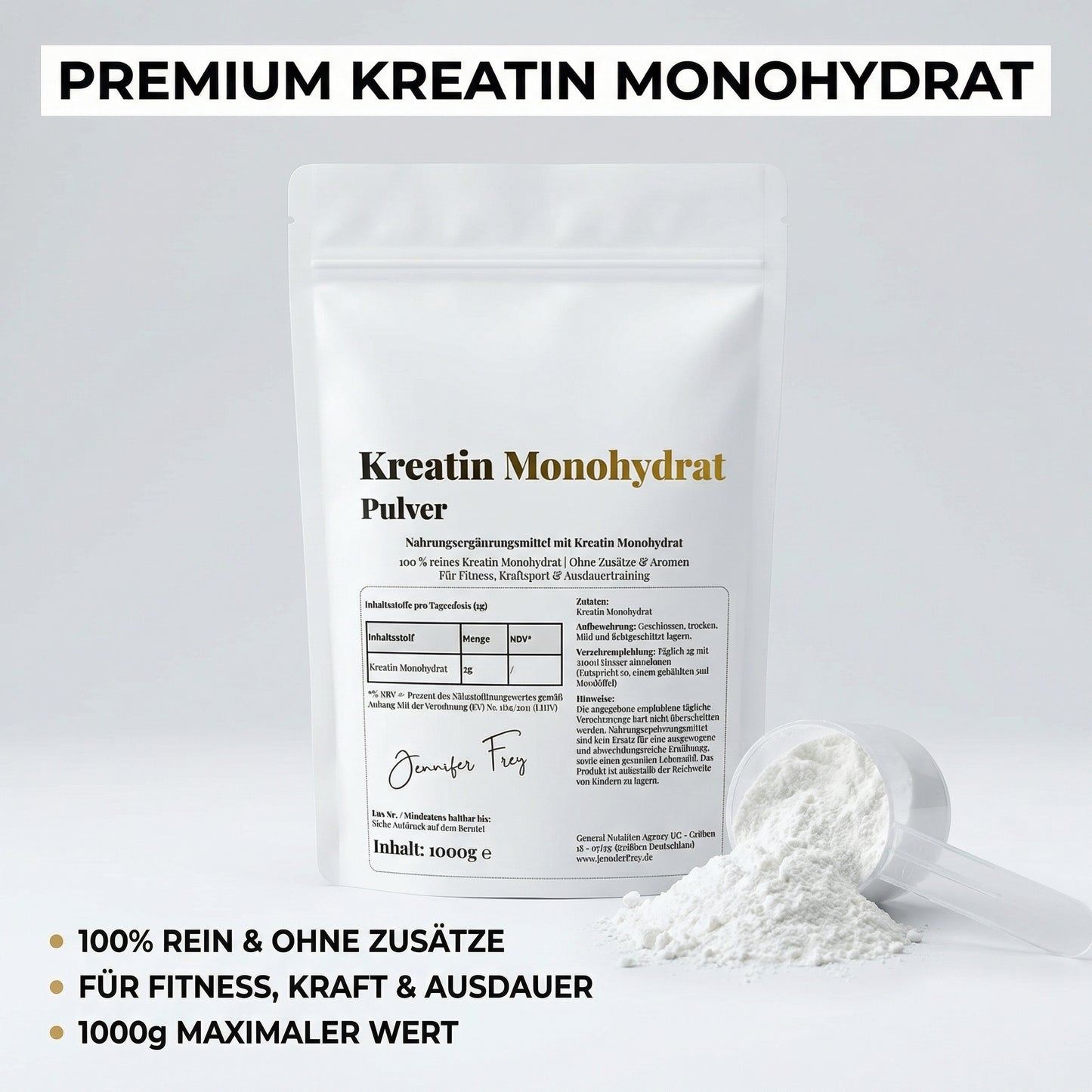 1000g Kreatin Monohydrat Pulver - 200 Portionen bei 5g - Mikronisiert (Mesh 200) - Kreatin erhöht die körperliche Leistung bei Schnellkrafttraining im Rahmen kurzzeitiger intensiver körperlicher Betätigung - Vegan, rein & ohne Zusätze - Made in Germany