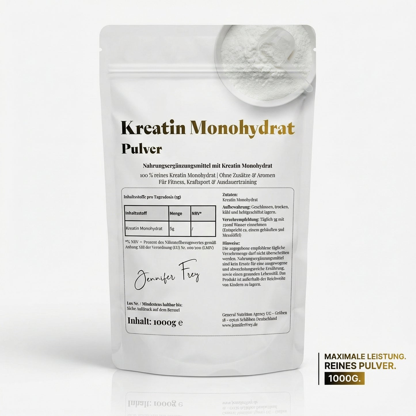 1000g Kreatin Monohydrat Pulver - 200 Portionen bei 5g - Mikronisiert (Mesh 200) - Kreatin erhöht die körperliche Leistung bei Schnellkrafttraining im Rahmen kurzzeitiger intensiver körperlicher Betätigung - Vegan, rein & ohne Zusätze - Made in Germany